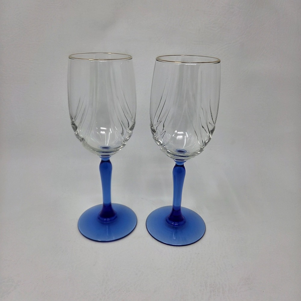 Set 2 Vtg Lenox Swag Crystal Gold Rim Cobalt Blue Stem Wine Glasses Art Deco